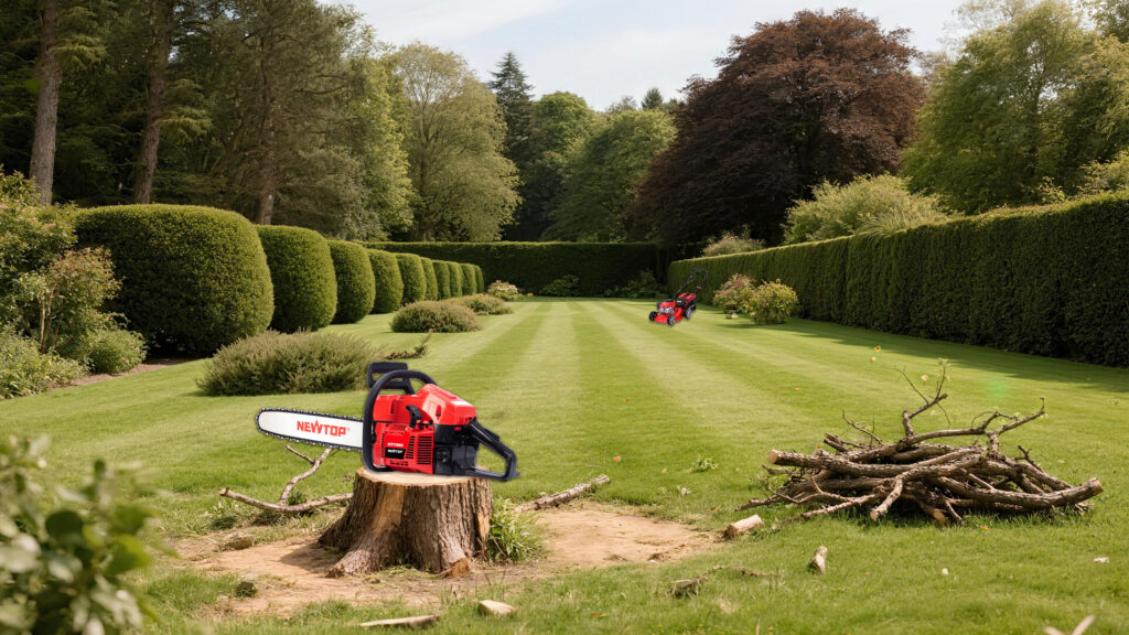 jimeng-2025-11-24-6297-宁静而专业的户外林地和花园环境，有整齐的修剪树枝、修剪整齐的草坪区域和有序的工作..