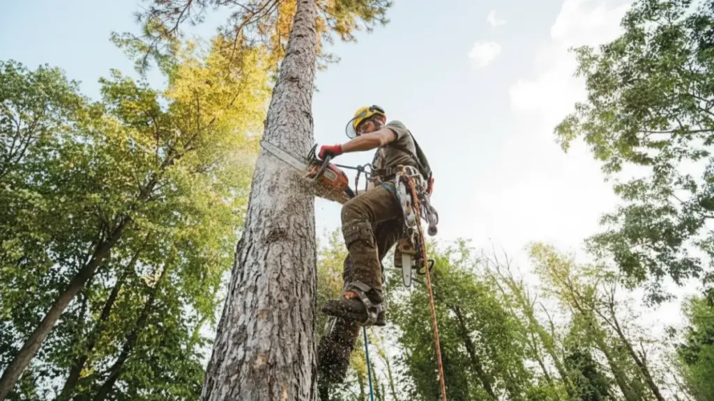 Arborist cutting tall tree with the climb saw