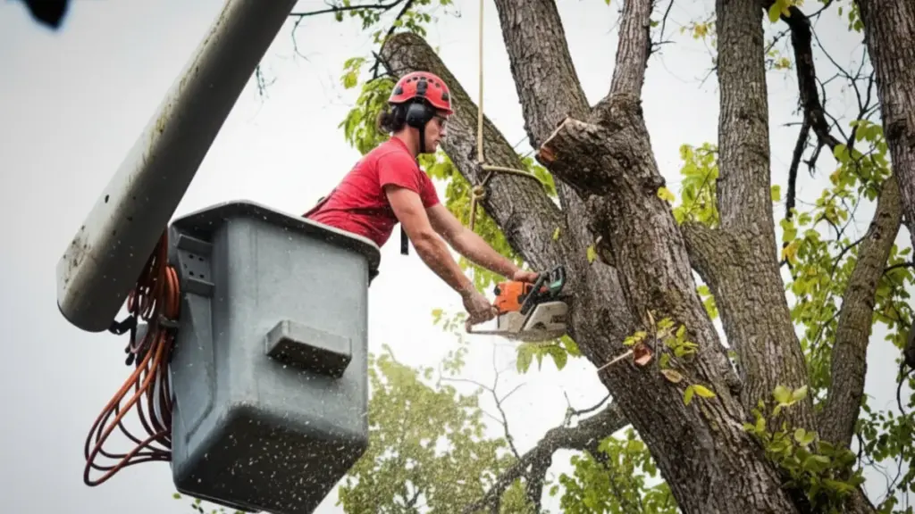 Arborist in bucket cutting tree branch with top handle chainsaw