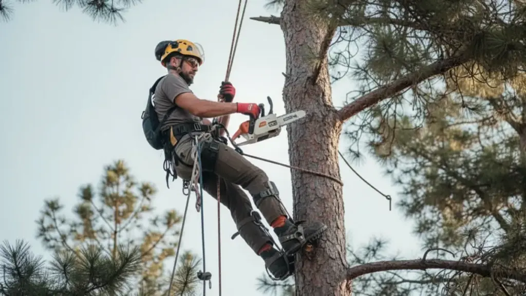 Tree climber cutting large branch using top handle chainsaw