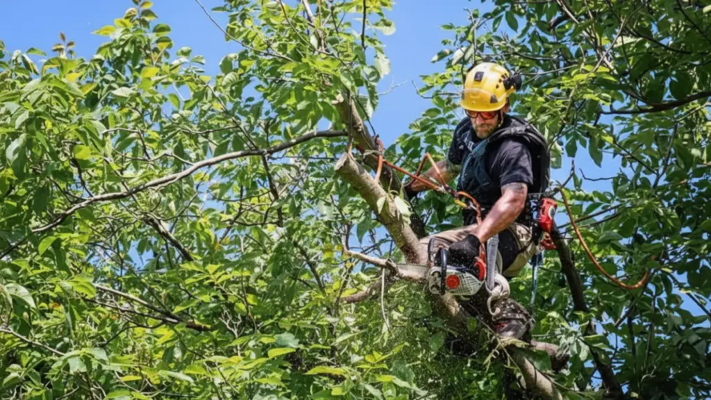 Tree worker using top handle chainsaw on branch with protective gear