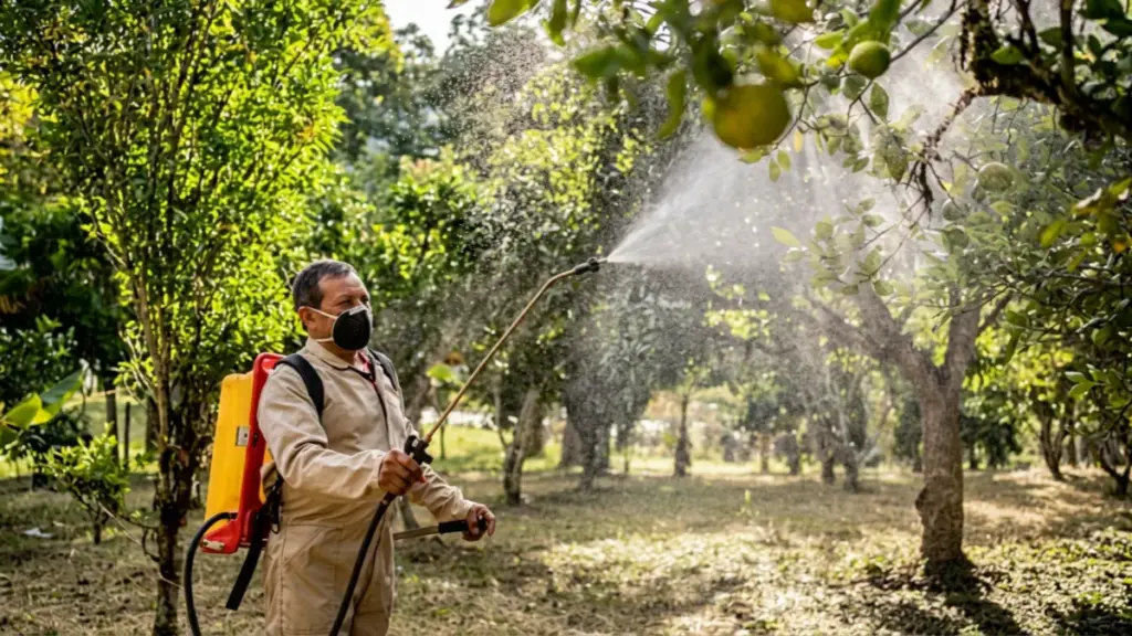 Worker spraying citrus trees with backpack sprayer in orchard