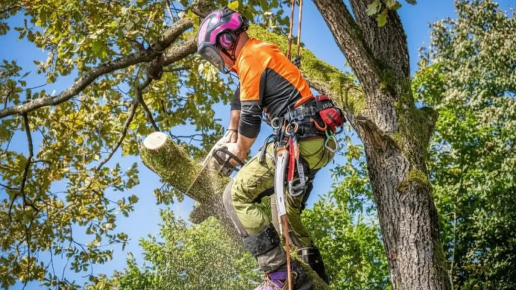 Worker suspended on tree trunk operating climb saw safely