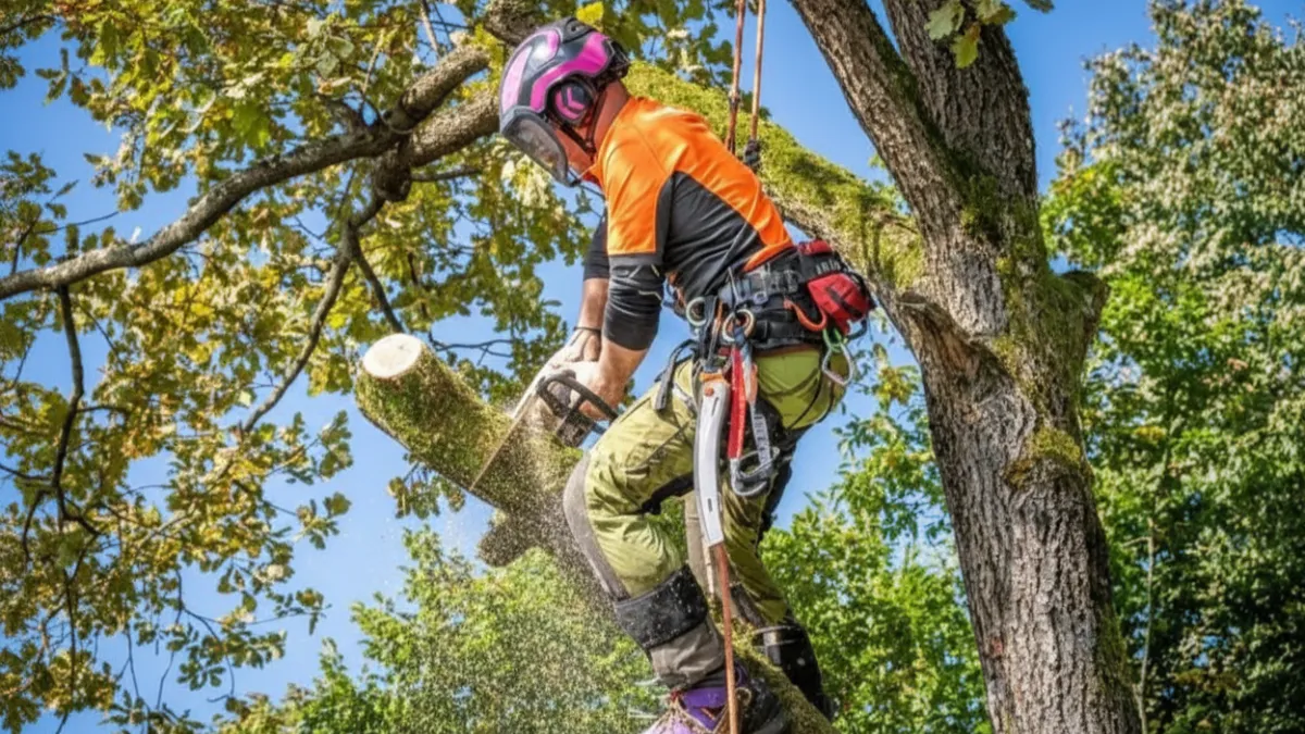 Worker suspended on tree trunk operating climb saw safely