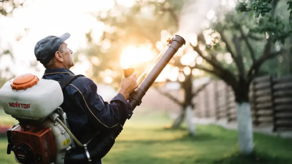Worker using NEWTOP gasoline backpack sprayer in orchard at sunset.