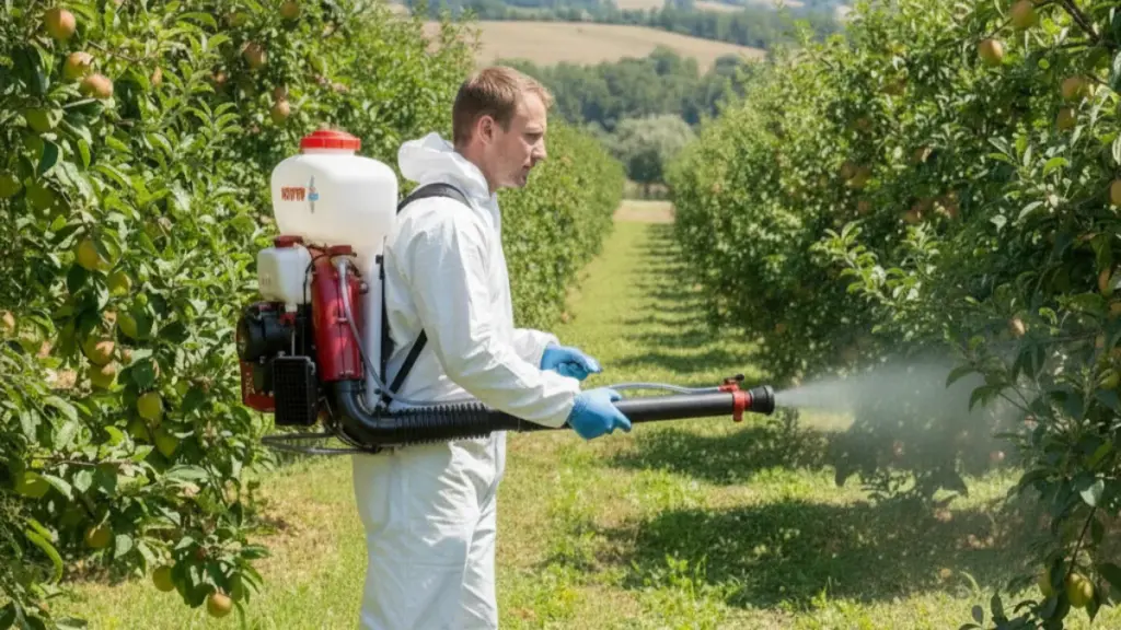 Worker with Newtop backpack sprayer in orchard