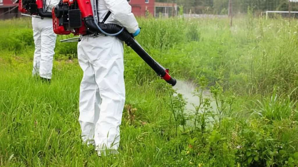 Workers in white protective suits spraying weeds with backpack sprayers