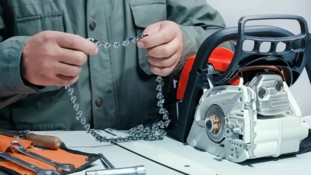 a man checking chainsaw chain
