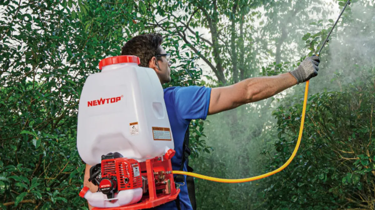 worker spraying pesticide with knapack sprayer