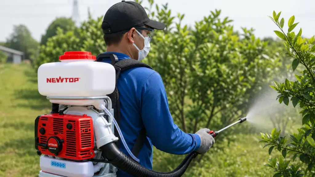Worker using backpack mist blower sprayer in field