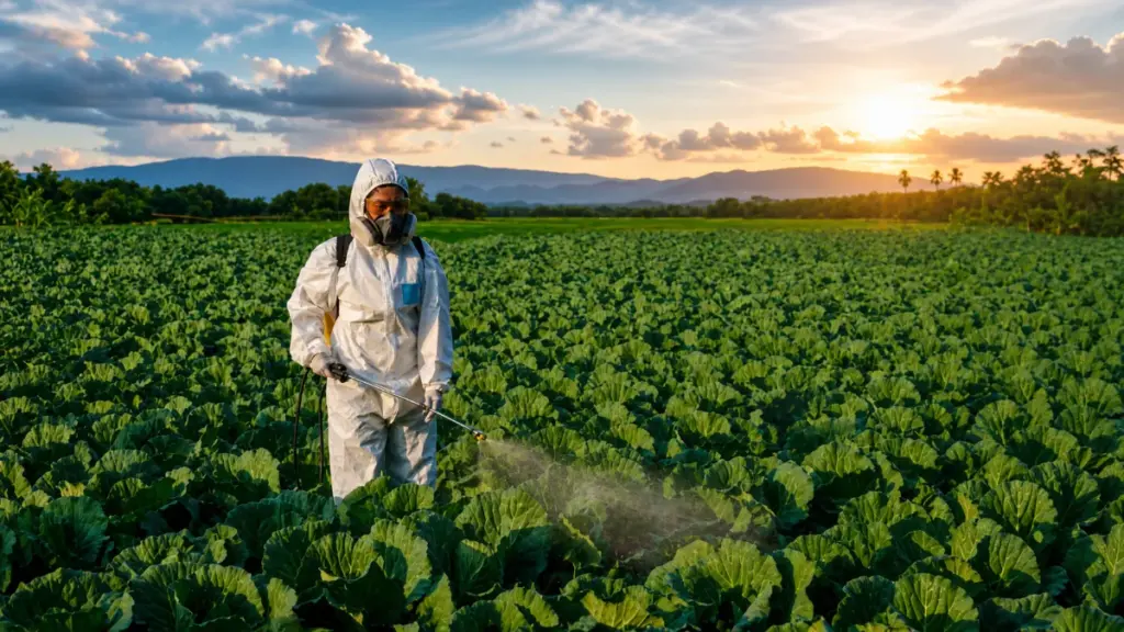 worker spraying farm using knapsack sprayer