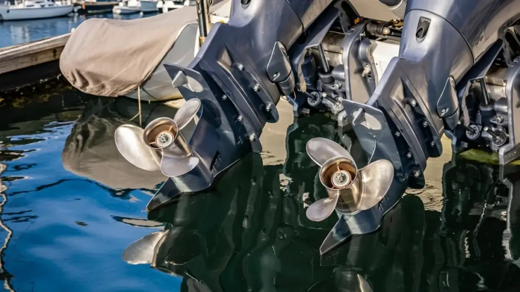 A close-up photograph of twin outboard marine engines with polished stainless steel propellers over calm blue water in a marina