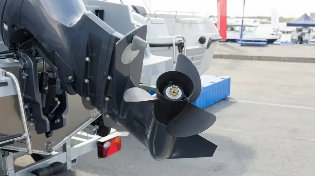 A detailed close-up of a dark grey outboard boat motor and propeller