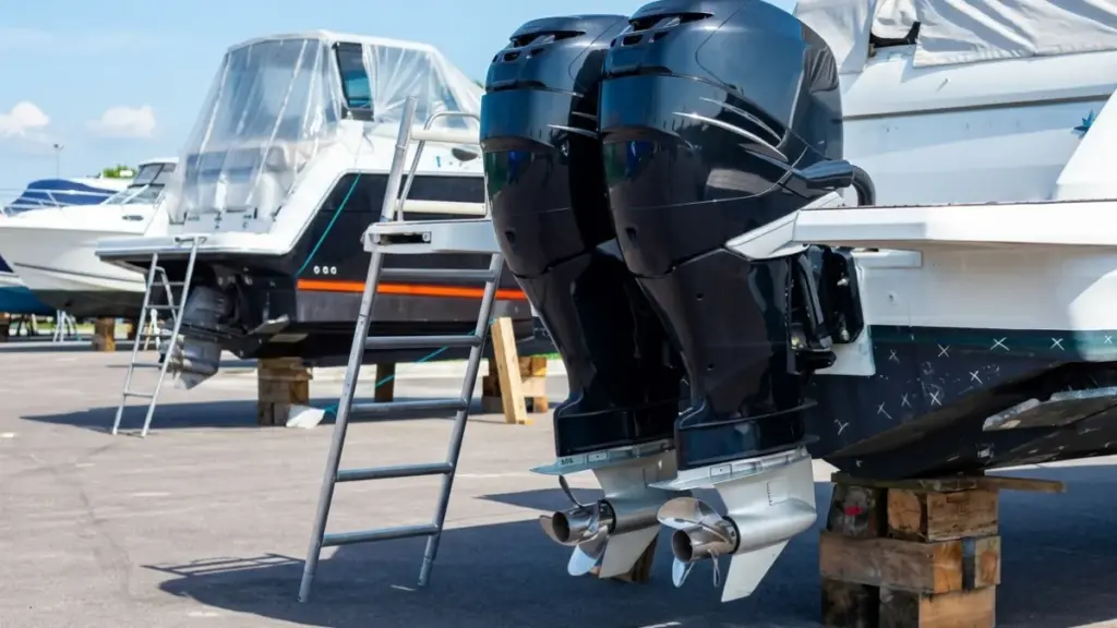 A photograph of the twin black outboard motors of a white yacht, supported by wooden blocks, at a dry storage facility. Behind it is another yacht covered in plastic wrap