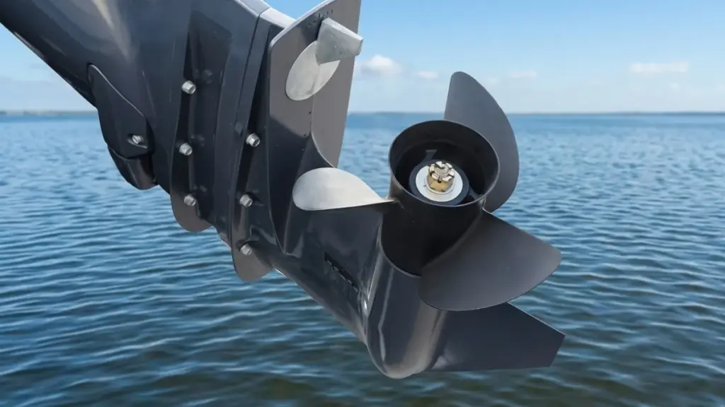 Close-up of a modern outboard boat motor lower unit with propeller on water