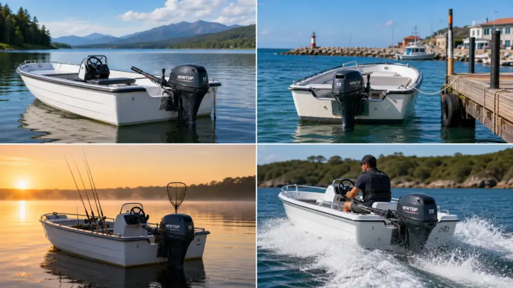 Four scenes of boat with NEWTOP outboard motor