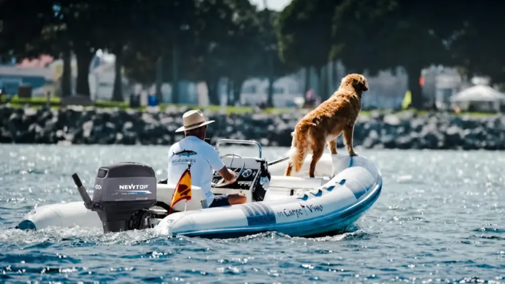 Inflatable boat with NEWTOP outboard motor, man, and dog on water.