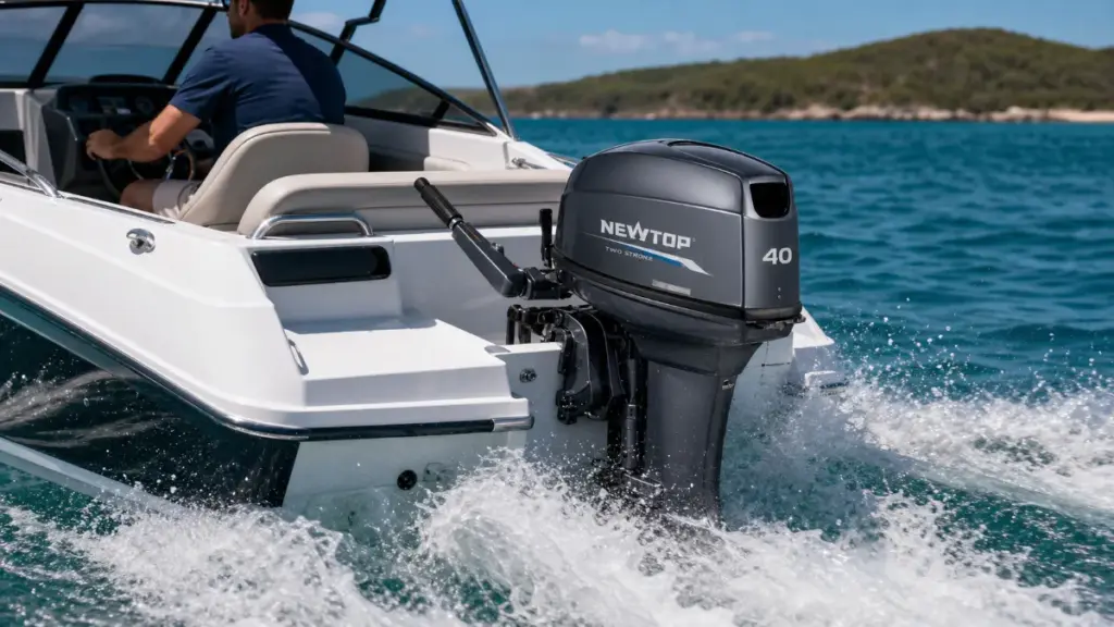 NEWTOP outboard motor mounted on a small boat at sea.