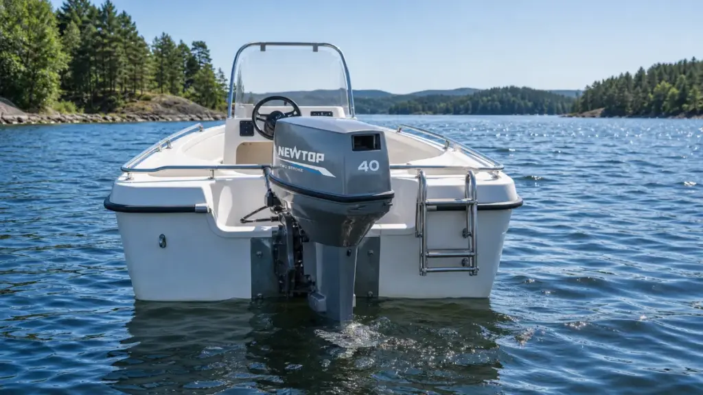 NEWTOP outboard motor mounted on small boat stern