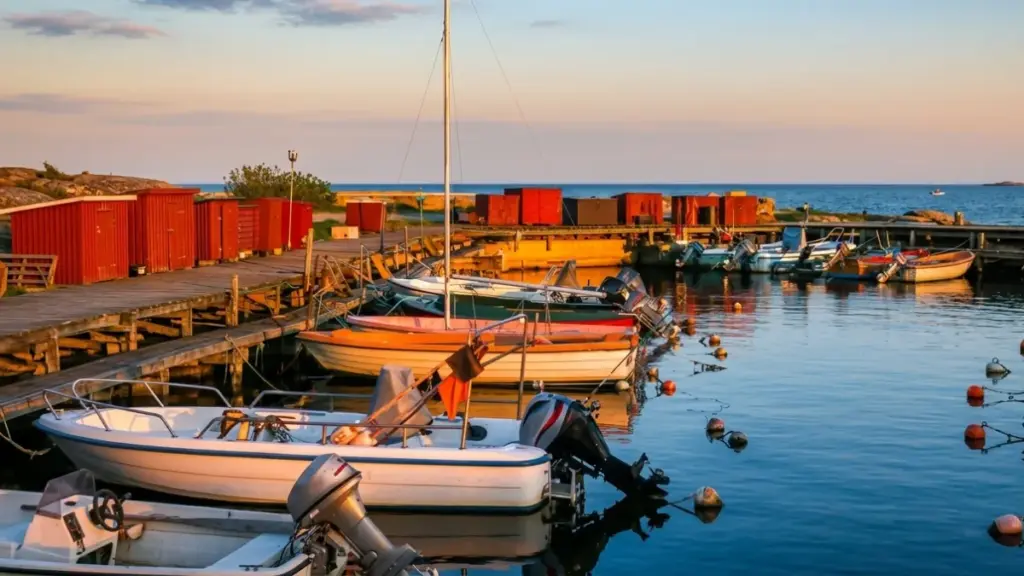 Small boats docked at a wooden pier near red boathouses