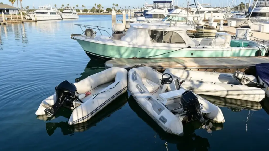multiple small white inflatable tenders and their black outboard motors docked together in calm marina water