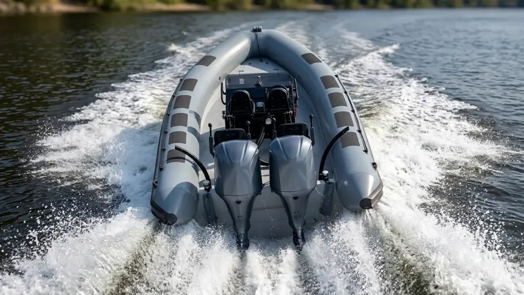 A powerful grey RIB with twin outboards creates a spray wake on a river