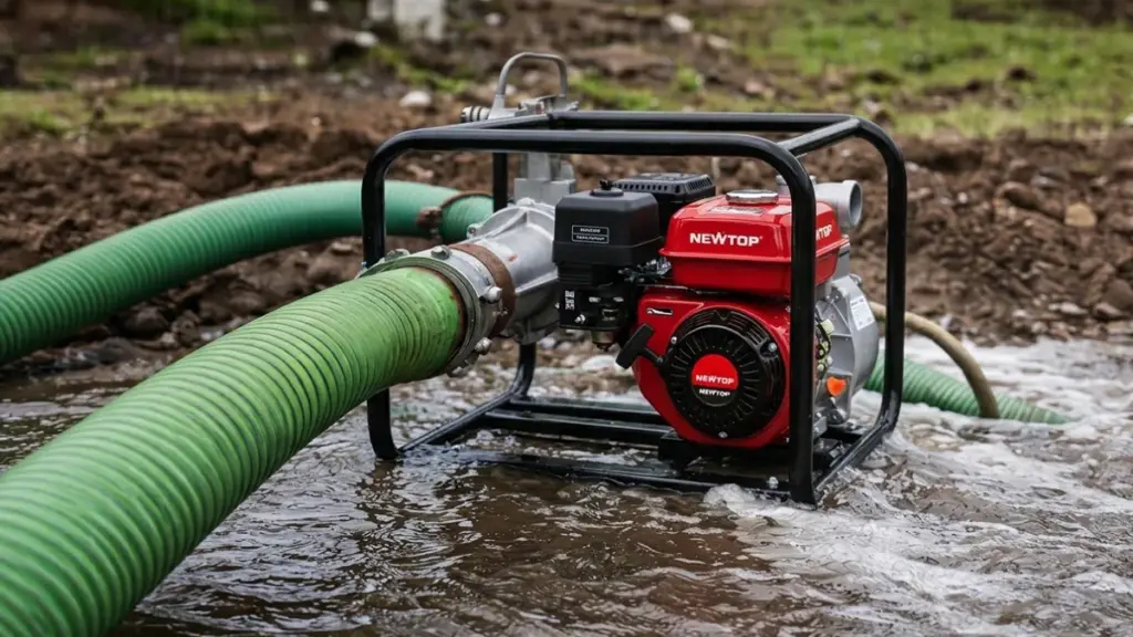 A red NEWTOP water pump sits on muddy ground in shallow water.