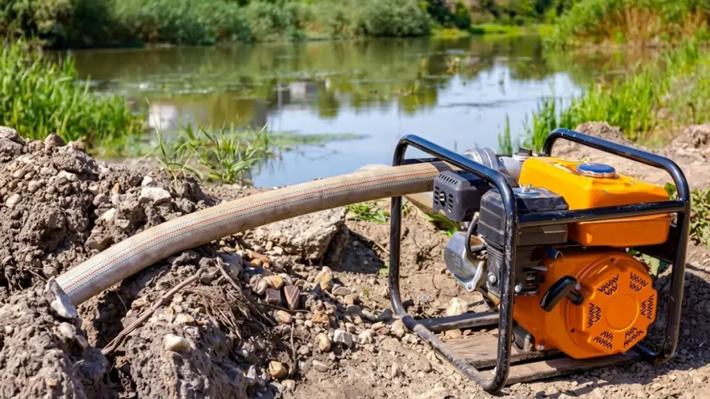 An orange portable water pump is running next to a pond