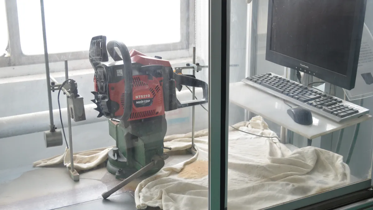 Chain brake test of a chainsaw during quality inspection