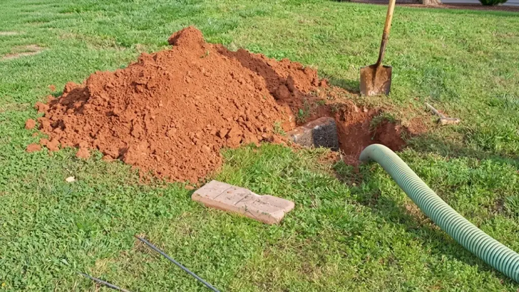 Digging site on grass with red soil, a shovel, brick, and green hose