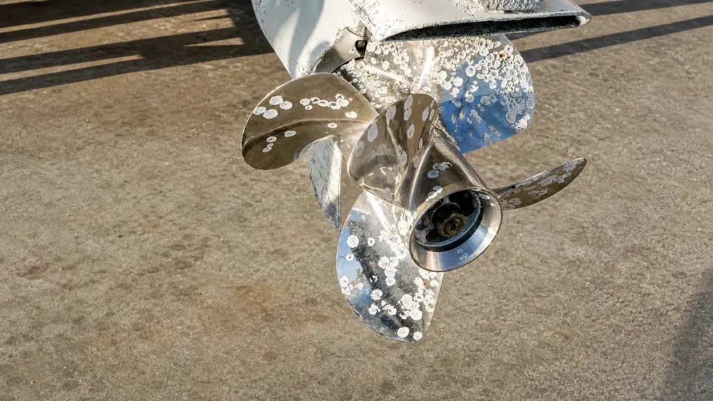Metal boat propeller with corrosion spots, sunlit on concrete surface