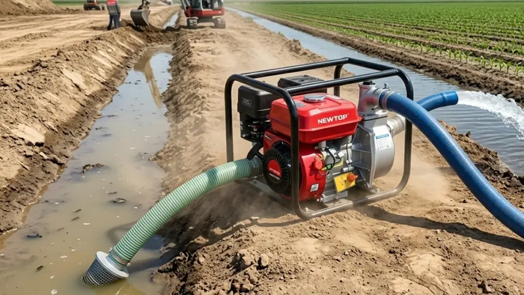 NEWTOP pump moves water from a muddy ditch to a field