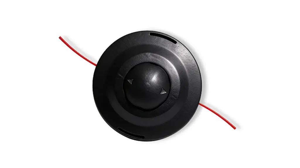 Black nylon self-threading trimmer head with red line isolated