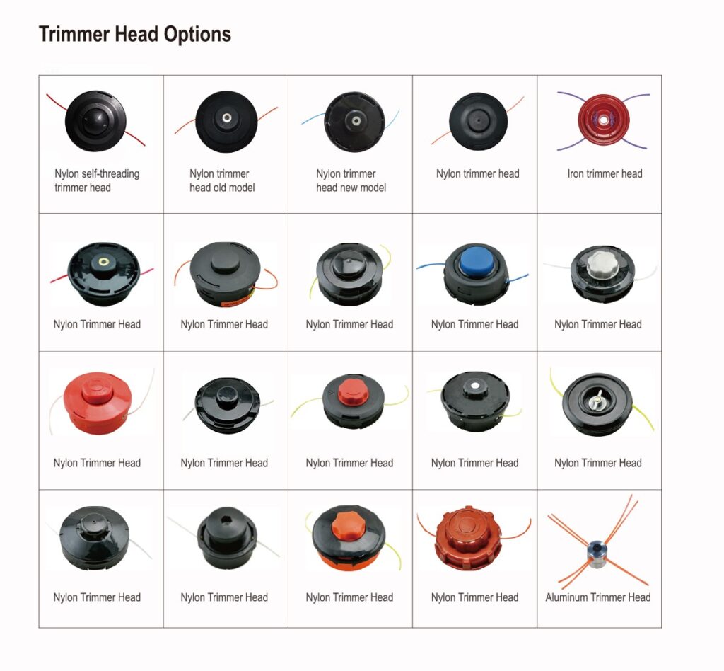 Chart displaying various nylon, iron, and aluminum string trimmer head options