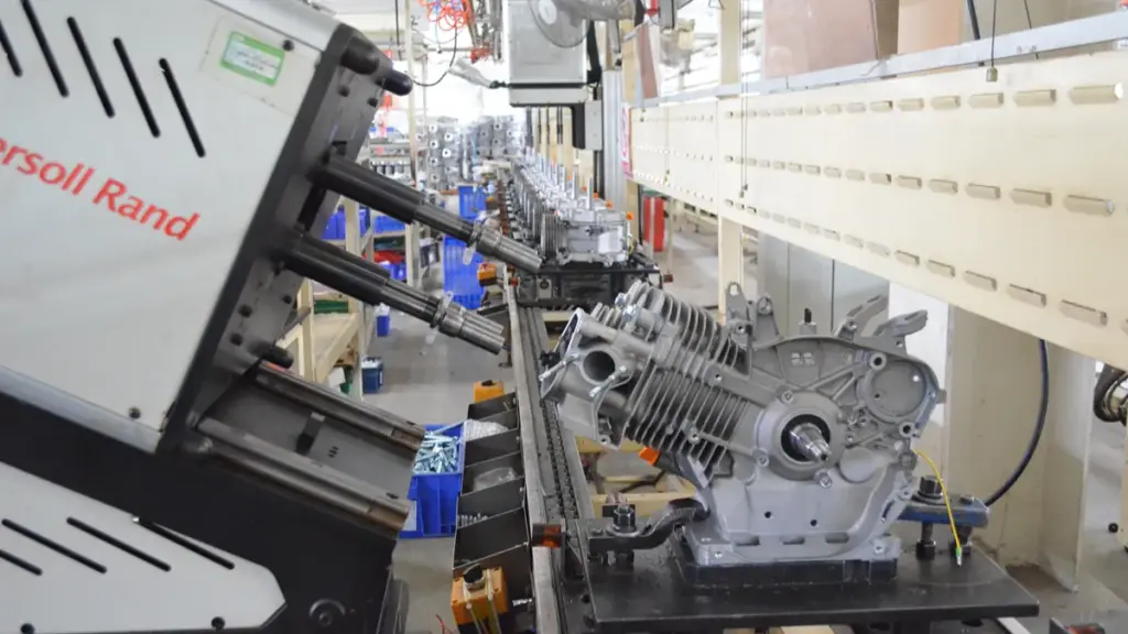 Engine parts on an automated assembly line in a factory