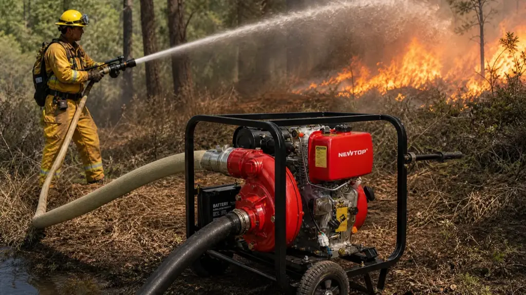 Firefighter using a high-pressure portable water pump for forest firefighting