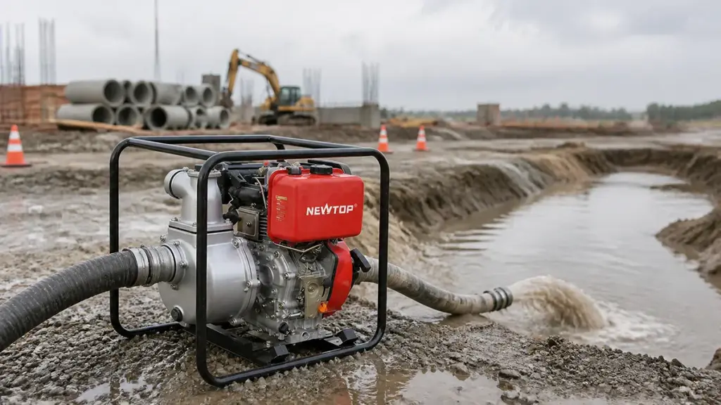 Heavy duty diesel trash pump dewatering a muddy construction site