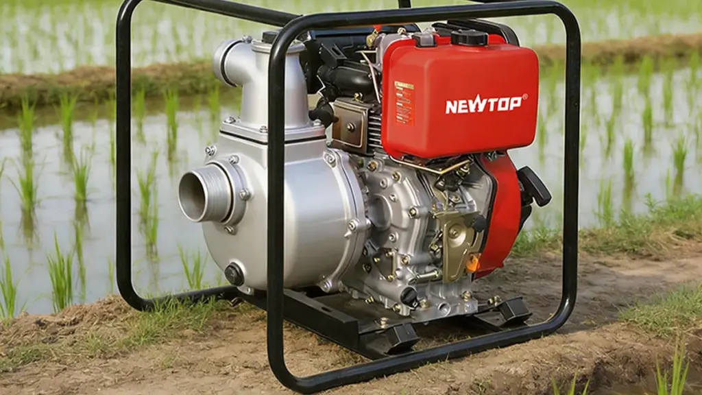 Portable diesel water pump placed beside a flooded paddy field