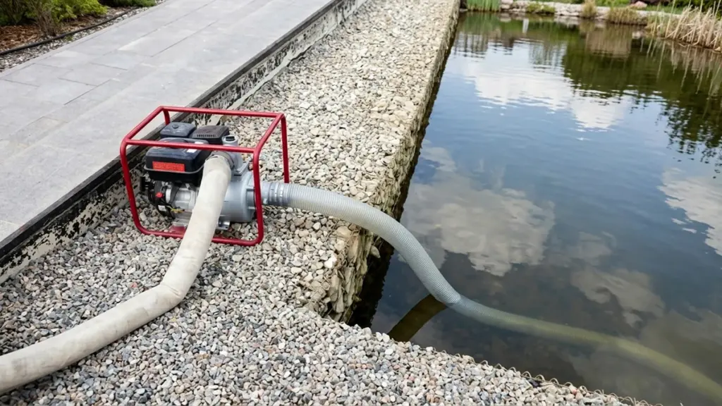 Portable gas water pump pumping water from a pond outdoors
