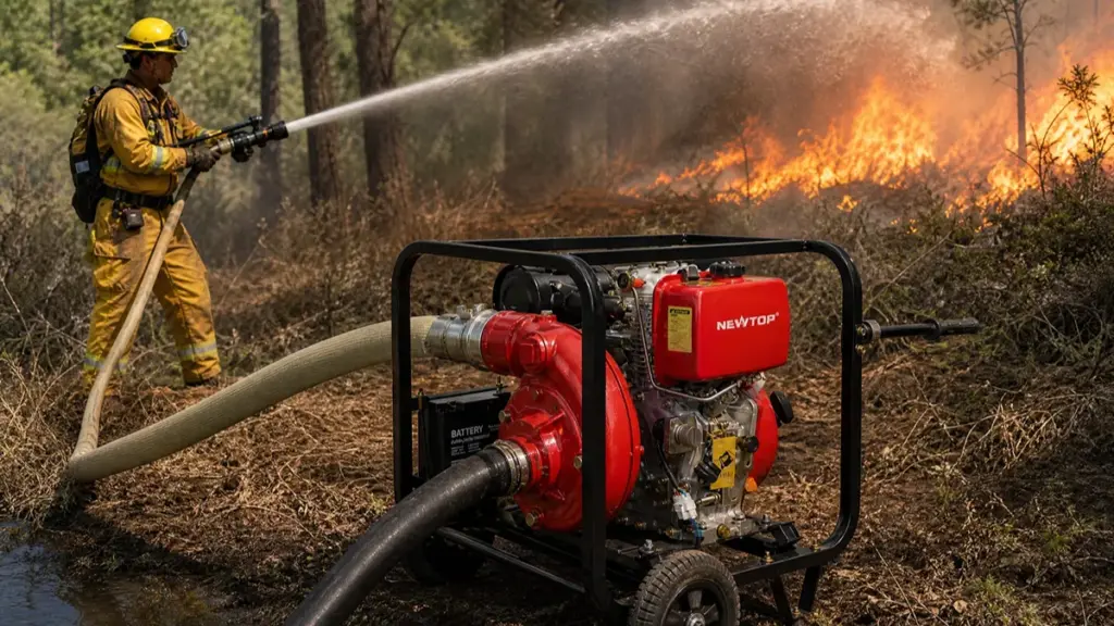 Portable high-pressure fire pump operating during forest wildfire response