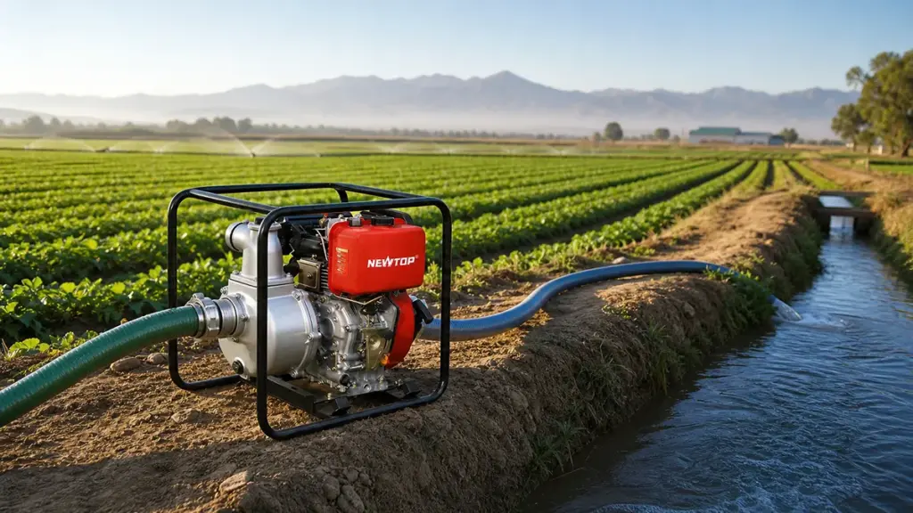 Red diesel water pump irrigating farmland near a canal