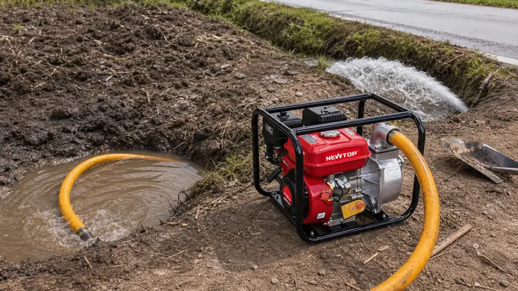 Red portable water pump pumping water near muddy agricultural field