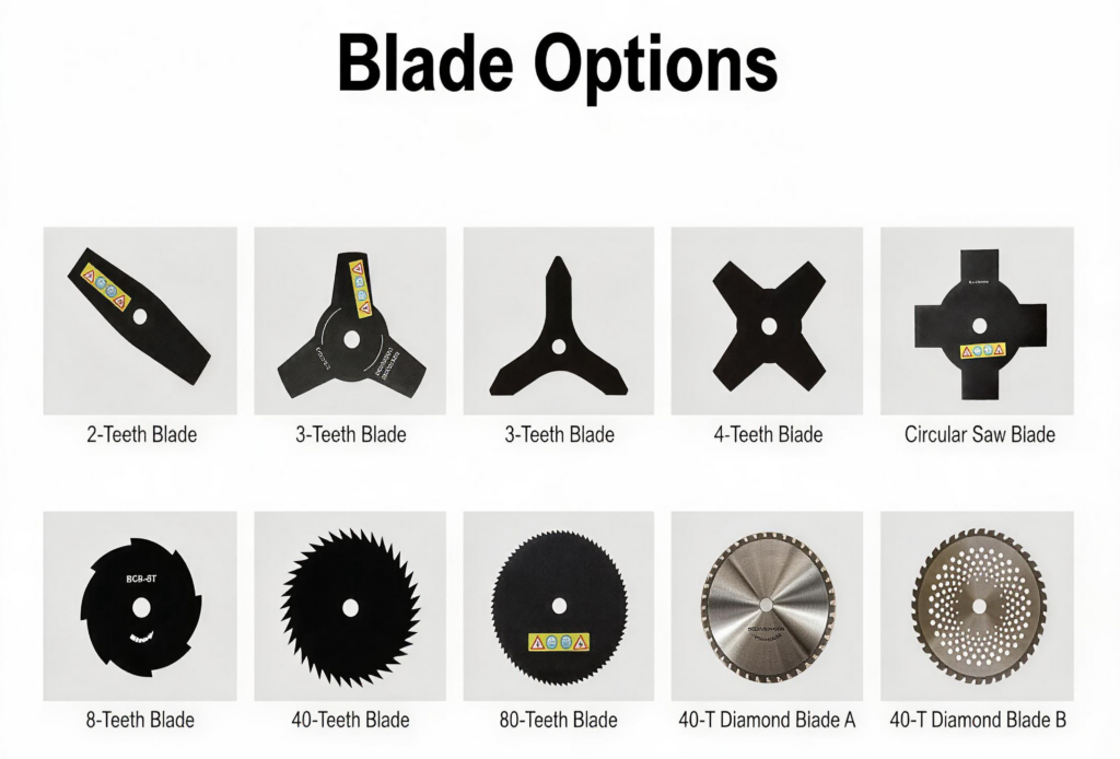 Selection chart showing different tooth brush cutter and saw blade options