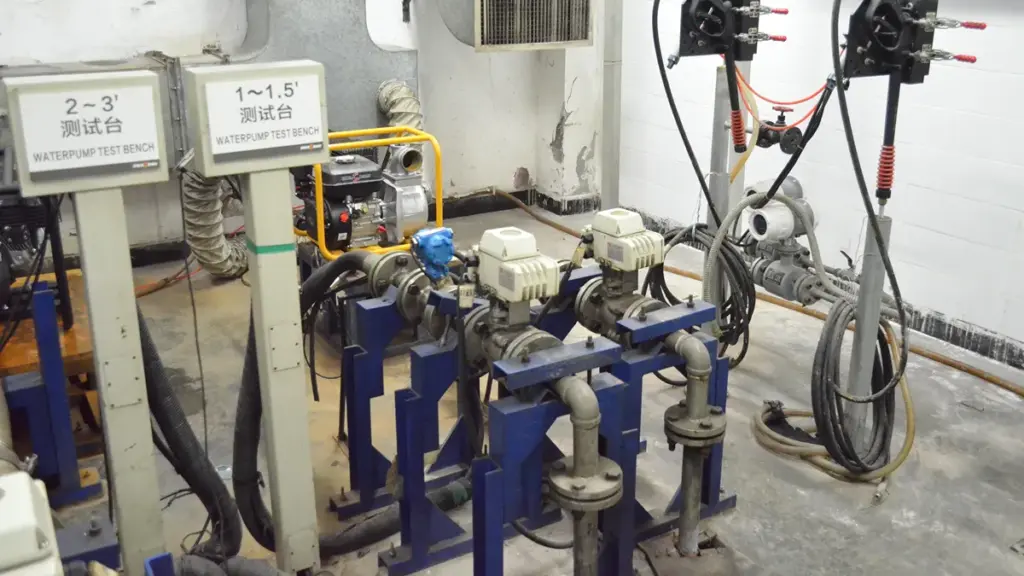 Water pump test bench station inside an industrial testing facility