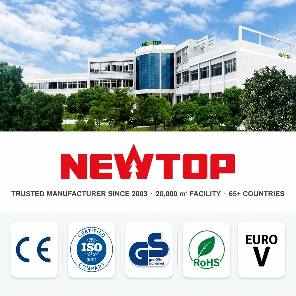 NEWTOP manufacturer certifications including ISO, CE and RoHS displayed with company profile