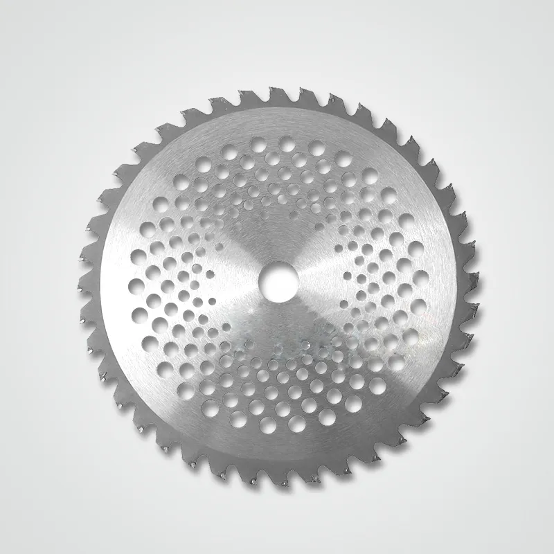 Top view of a 40-tooth circular saw blade with heat-dissipating holes, metallic silver finish on white background