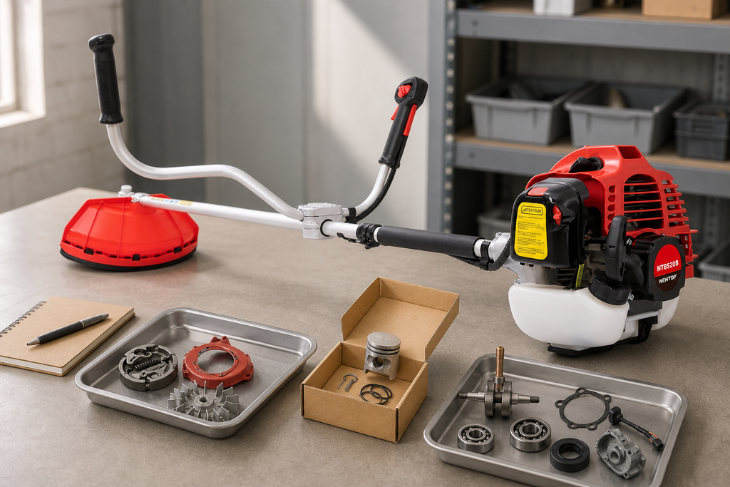 Gasoline brush cutter with engine components, cutting attachments and spare parts