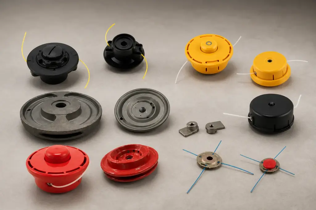 Assorted plastic and metal string trimmer heads, replacement spools, and cutting attachments on a grey background.