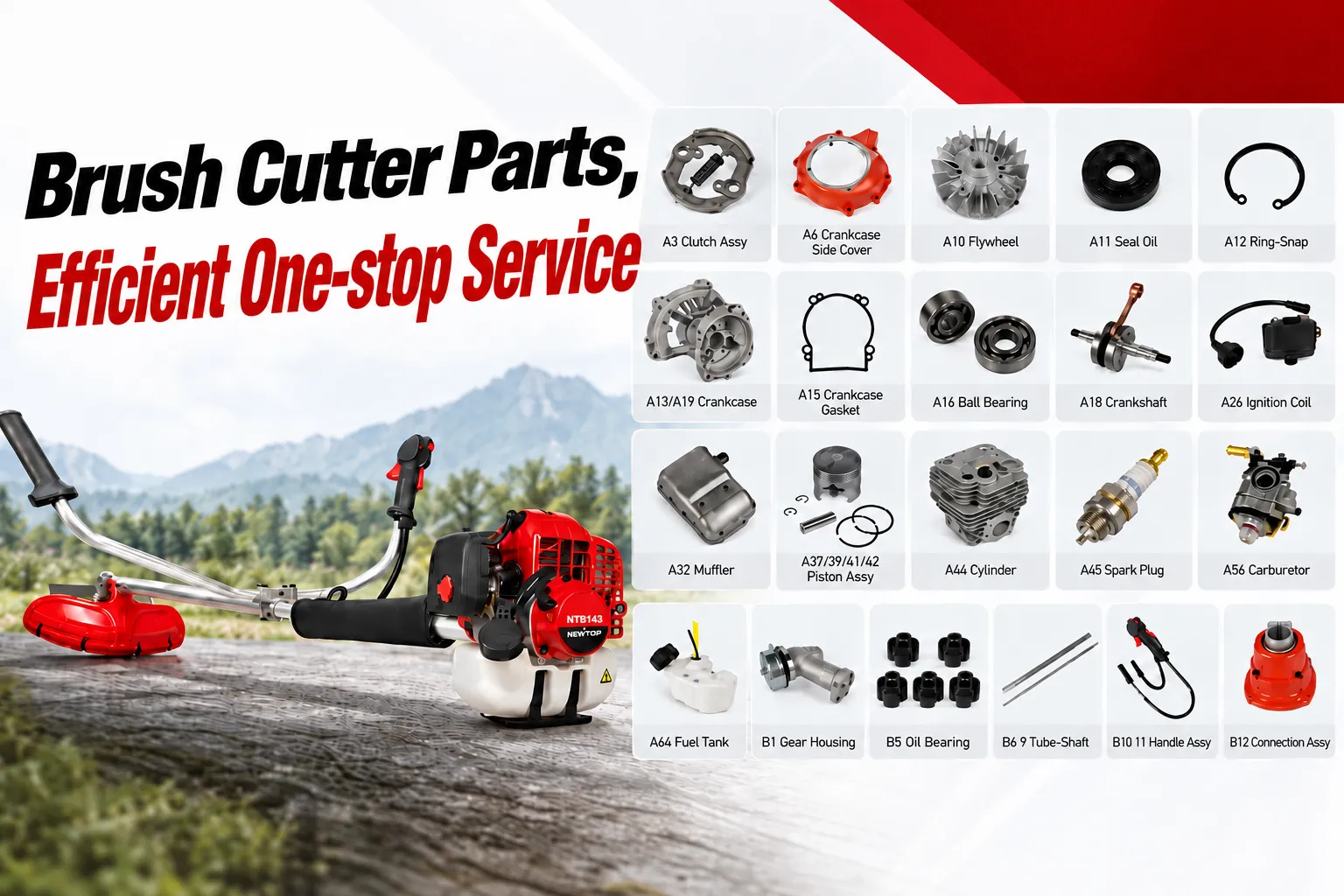 A brush cutter shown alongside a grid of spare parts including clutch, flywheel, and cylinder assemblies.