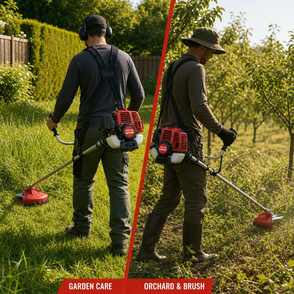 Man using a gas string trimmer for garden maintenance and orchard brush clearing.